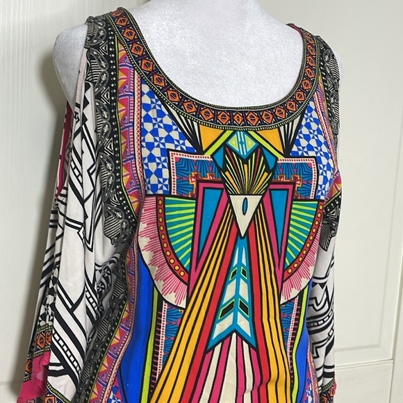 Flying Tomato Women's Aztec Print Cold Shoulder Tunic Top Mini Dress Sz M - Picture 2 of 12
